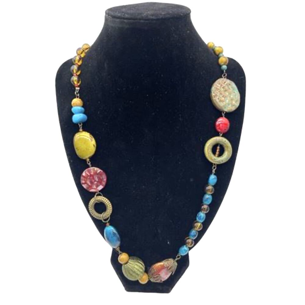 Bohemian Chunky Necklace Polished Stone Beads Long Statement